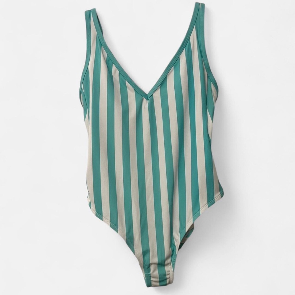 Kona Sol Teal & White Striped One Piece Swimsuit V-Neck Adjustable Strap Beach